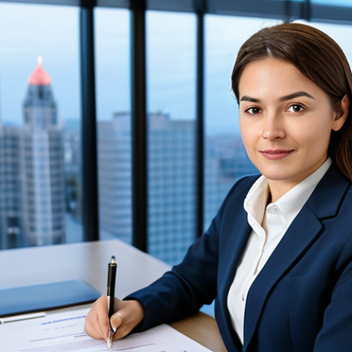 Home 18 A professional female translator or interpreter, in a modest business suit, seated confidently at a polished desk in a modern, sunlit office. On the desk, a stack of official-looking documents and a subtle, elegant professional certificate are visible, symbolizing validated expertise and trust. Her expression is focused and composed, looking directly at the viewer with an air of competence and credibility. The background features blurred city lights or a contemporary office environment, suggesting high-stakes global work. Professional photography, high-resolution, sharp focus, perfect anatomy, correct proportions, natural pose, well-formed hands, proper finger count, natural body proportions, fully clothed, modest clothing, appropriate attire, professional dress, safe for work, appropriate content, professional, family-friendly.