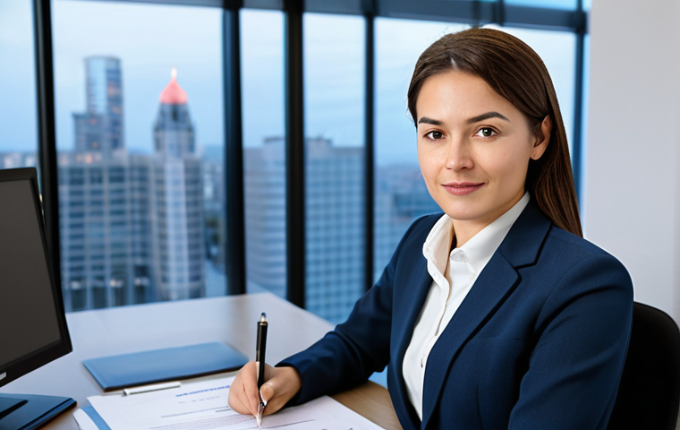 A professional female translator or interpreter, in a modest business suit, seated confidently at a polished desk in a modern, sunlit office. On the desk, a stack of official-looking documents and a subtle, elegant professional certificate are visible, symbolizing validated expertise and trust. Her expression is focused and composed, looking directly at the viewer with an air of competence and credibility. The background features blurred city lights or a contemporary office environment, suggesting high-stakes global work. Professional photography, high-resolution, sharp focus, perfect anatomy, correct proportions, natural pose, well-formed hands, proper finger count, natural body proportions, fully clothed, modest clothing, appropriate attire, professional dress, safe for work, appropriate content, professional, family-friendly.
