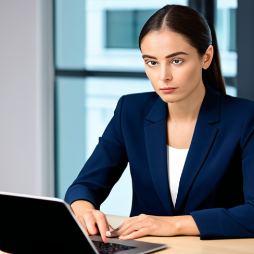 Home 17 A professional female translator, in a modest business suit, seated at a sleek modern conference table in a high-tech office. She is focused, with a composed, neutral expression, intently listening to dialogue. On the table, a closed laptop and a secure tablet are visible, emphasizing data confidentiality. The background features blurred, bright office lights and a sense of professional calm. The image conveys the essence of integrity, precision, and confidentiality in high-stakes communication. Natural body proportions, perfect anatomy, well-formed hands, proper finger count, natural pose, safe for work, appropriate content, fully clothed, professional, high quality professional photography.