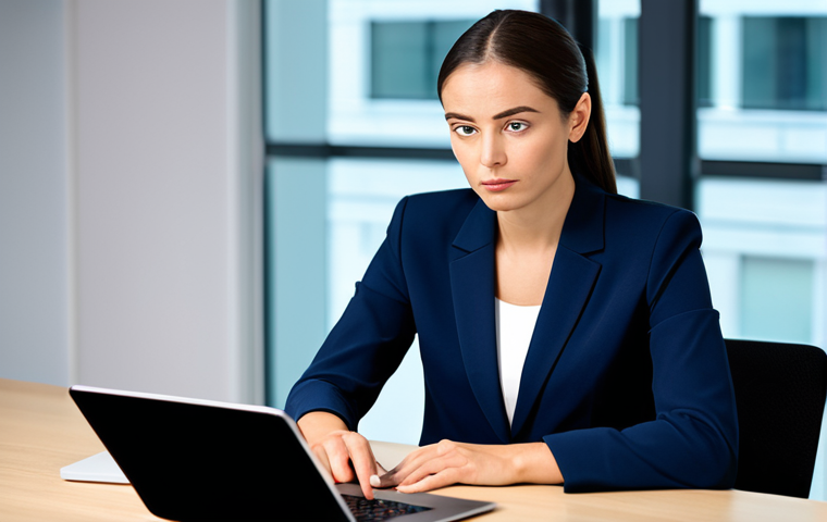 A professional female translator, in a modest business suit, seated at a sleek modern conference table in a high-tech office. She is focused, with a composed, neutral expression, intently listening to dialogue. On the table, a closed laptop and a secure tablet are visible, emphasizing data confidentiality. The background features blurred, bright office lights and a sense of professional calm. The image conveys the essence of integrity, precision, and confidentiality in high-stakes communication. Natural body proportions, perfect anatomy, well-formed hands, proper finger count, natural pose, safe for work, appropriate content, fully clothed, professional, high quality professional photography.