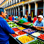 **

A bustling "Mercado de San Miguel" in Madrid, Spain. Focus on the vibrant atmosphere: people enjoying tapas, colorful displays of fresh produce, and the beautiful architecture. Everyone is fully clothed in everyday Spanish fashion. Safe for work, appropriate content, family-friendly scene. Perfect anatomy, correct proportions, natural poses. Professional photograph, high quality, bright daylight.

**