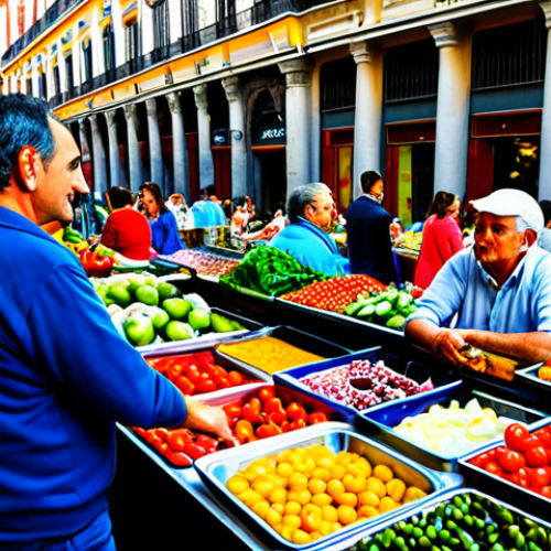 Home 10 **
A bustling "Mercado de San Miguel" in Madrid, Spain. Focus on the vibrant atmosphere: people enjoying tapas, colorful displays of fresh produce, and the beautiful architecture. Everyone is fully clothed in everyday Spanish fashion. Safe for work, appropriate content, family-friendly scene. Perfect anatomy, correct proportions, natural poses. Professional photograph, high quality, bright daylight.
**