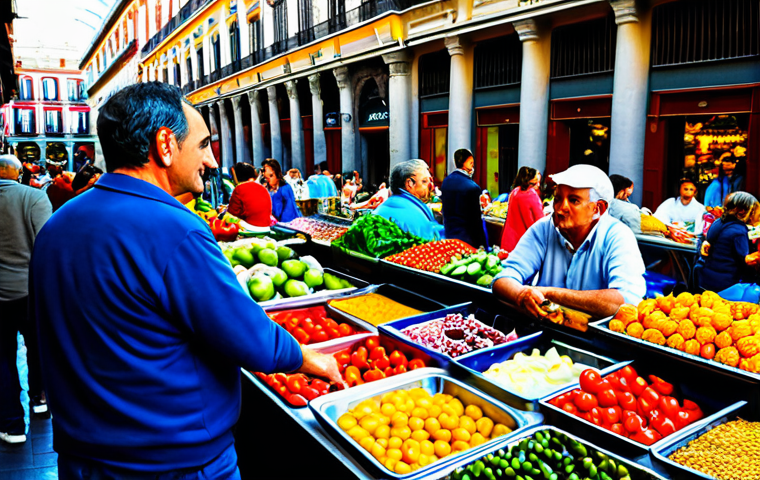 **

A bustling "Mercado de San Miguel" in Madrid, Spain. Focus on the vibrant atmosphere: people enjoying tapas, colorful displays of fresh produce, and the beautiful architecture. Everyone is fully clothed in everyday Spanish fashion. Safe for work, appropriate content, family-friendly scene. Perfect anatomy, correct proportions, natural poses. Professional photograph, high quality, bright daylight.

**