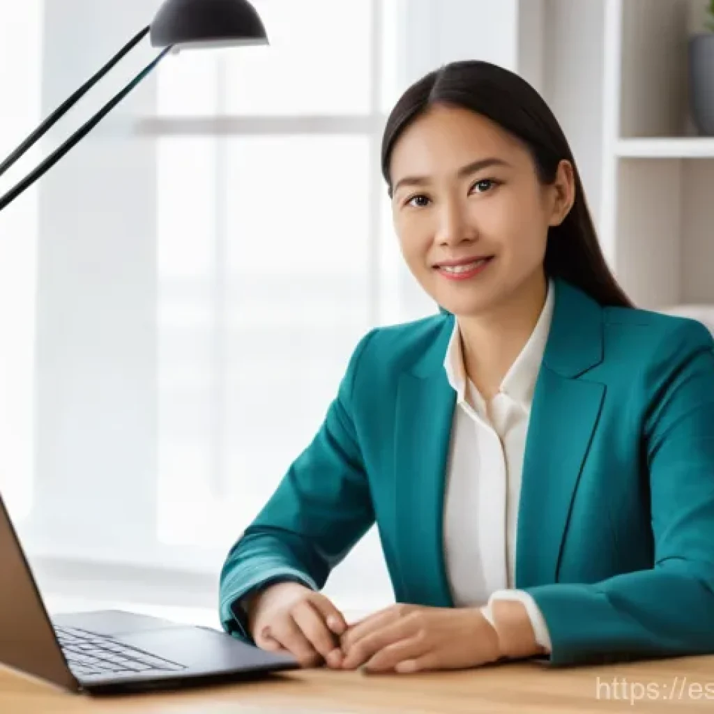 통번역사 자격증 종류 - **Prompt:** A confident, professional female translator, around 30-40 years old, is seated at a mini...