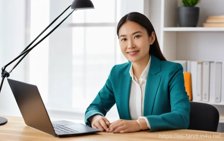 통번역사 자격증 종류 - **Prompt:** A confident, professional female translator, around 30-40 years old, is seated at a mini...