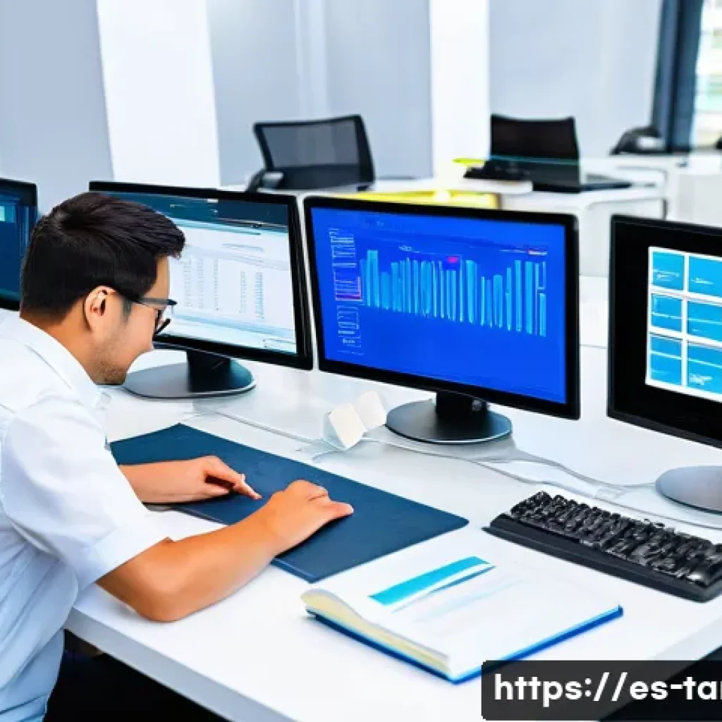 통번역사 중급과정 - A professional translator working at a modern office desk surrounded by multiple computer screens di...