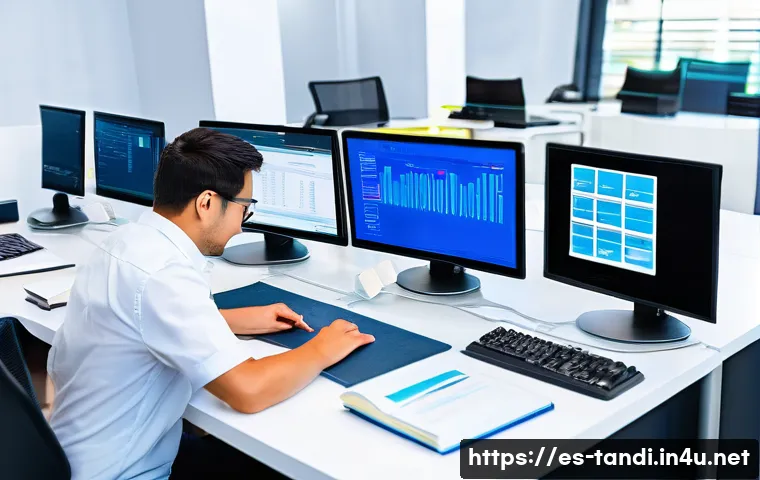 통번역사 중급과정 - A professional translator working at a modern office desk surrounded by multiple computer screens di...
