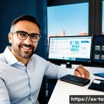 통번역사 연봉협상 전략 - A professional freelance translator at a modern home office in Madrid, Spain, surrounded by dual com...