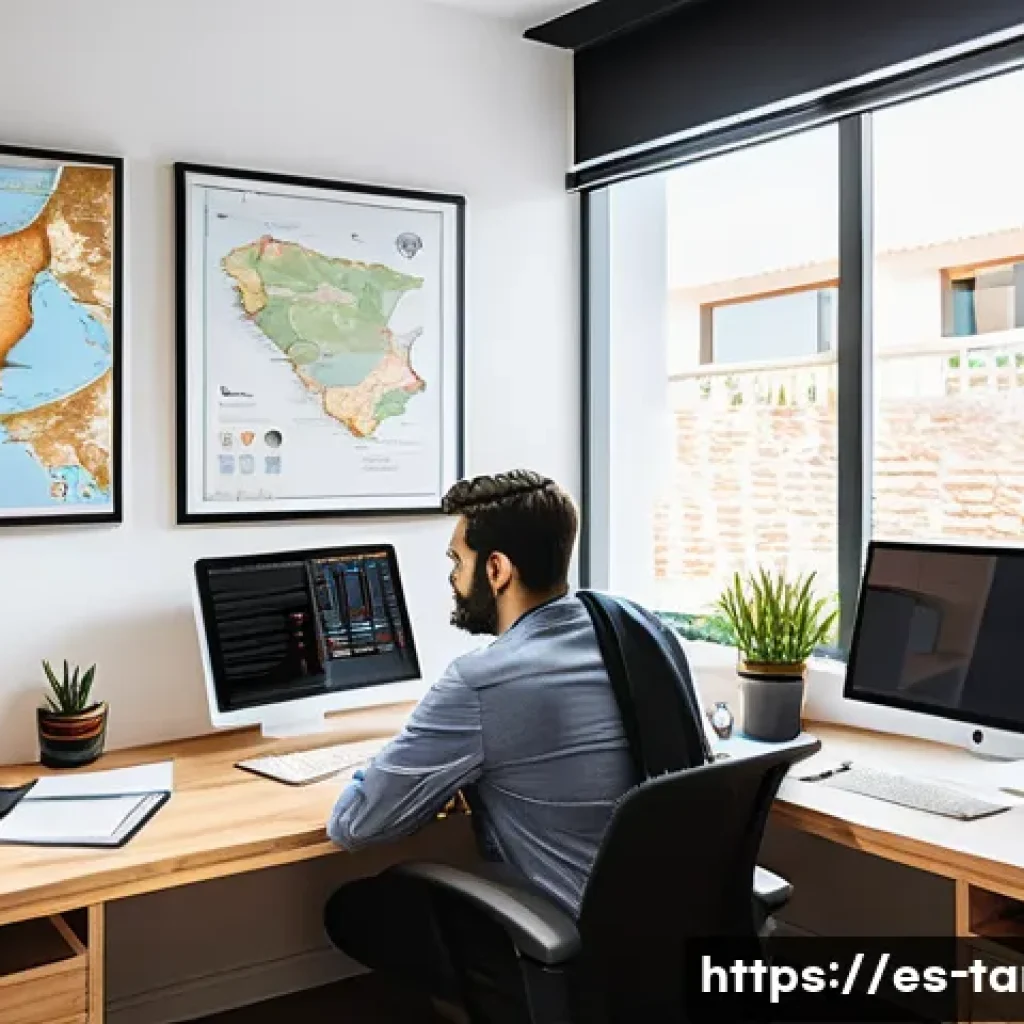 통번역사 번역 경력 관리 - A professional Spanish-speaking translator working in a modern home office, surrounded by multiple c...