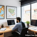 통번역사 번역 경력 관리 - A professional Spanish-speaking translator working in a modern home office, surrounded by multiple c...