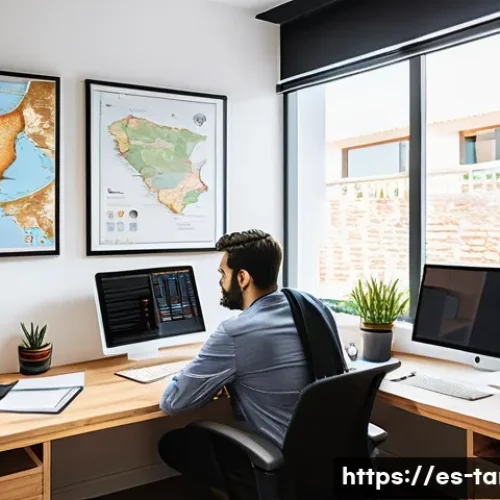 통번역사 번역 경력 관리 - A professional Spanish-speaking translator working in a modern home office, surrounded by multiple c...