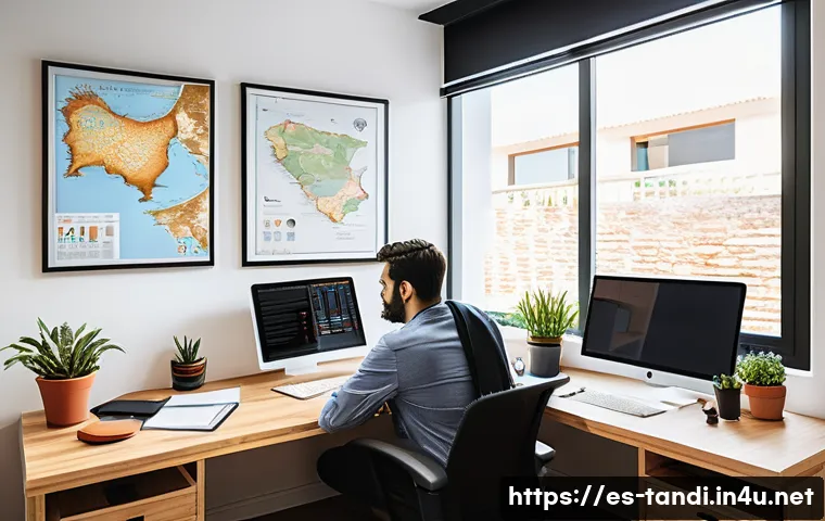 통번역사 번역 경력 관리 - A professional Spanish-speaking translator working in a modern home office, surrounded by multiple c...