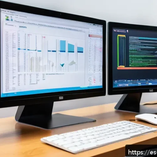 통번역사 경력 개발 - A modern professional translator's workspace featuring dual computer monitors displaying translation...
