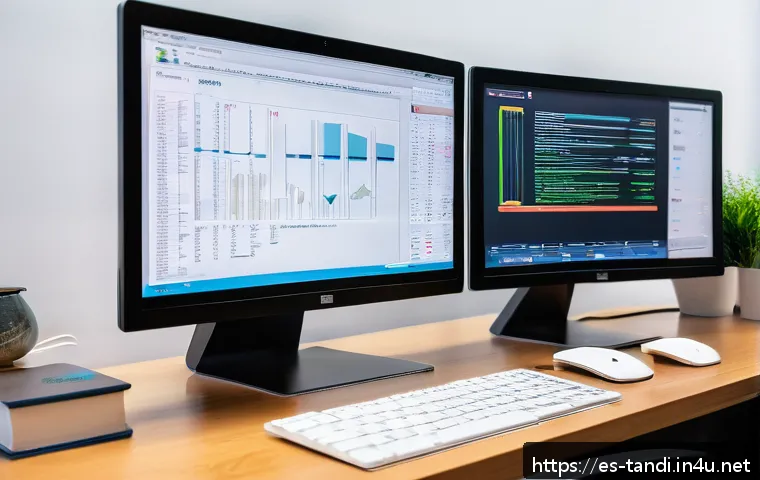 통번역사 경력 개발 - A modern professional translator's workspace featuring dual computer monitors displaying translation...